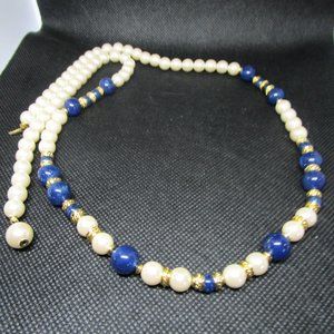 Blue and White Bead Necklace Gold Accent